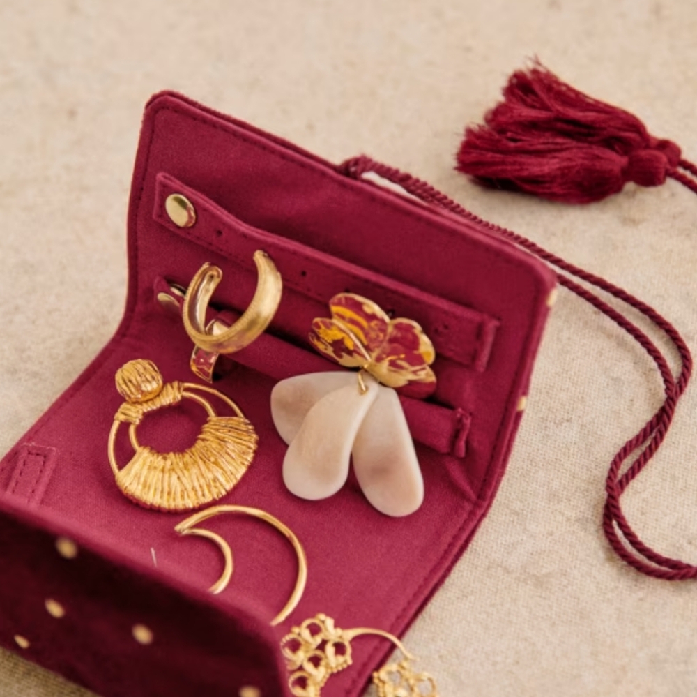 Sezane Mini Jewelry Wrap Burgundy/ Embroidered Polka Dots - Size TU